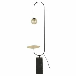 Maisons Du Monde Lampadaires Lampadaire Abat-jour En Verre Fumé Et Pied En Métal Noir, Tablette En Métal Doré H175
