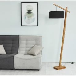 ATHM DESIGN Lampadaires Lampadaire Abat Jour Tissu Noir Pied Bois -Éclairage Soldes 2024 lampadaire abat jour tissu noir pied bois 2