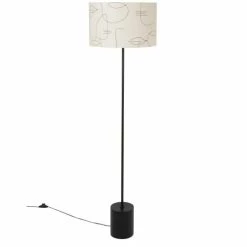 Maisons Du Monde Lampadaires Lampadaire En Métal Noir, Bois D'acacia Et Abat-jour En Coton écru à Motifs Visages H145