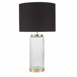 Maisons Du Monde Lampes à Poser Lampe Base En Verre Strié Et Métak Doré, Abat-jour En Coton Noir H79