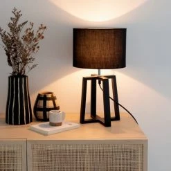 Maisons Du Monde Lampes à Poser Lampe En Bois D'hévéa Et Abat-jour En Coton Noir -Éclairage Soldes 2024 lampe en bois d hevea et abat jour en coton noir 1000 0 28 229177 4