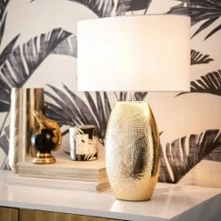 Nouvelles versions -Éclairage Soldes 2024 lampe en ceramique doree et abat jour en coton blanc 1000 8 26 211012 2