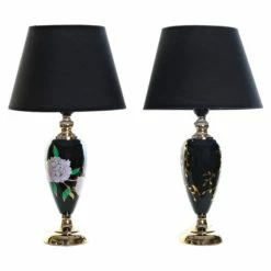 Wadiga Lampes à Poser Lampes En Grès Noir Et Doré Fleurs 28x28x50cm - Lot De 2