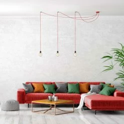 Hoopzi Suspensions Suspension 3 Fils électriques En Tissu Rouge 2,5m Douille Noire -Éclairage Soldes 2024 suspension 3 fils electriques en tissu rouge 2 5m douille noire 3