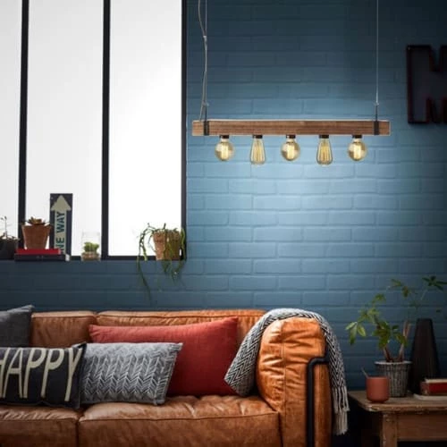 Brilliant Suspensions Suspension Barre 5 Lumières Métal Et Bois L80cm 4 Brilliant Suspensions Suspension Barre 5 Lumières Métal Et Bois L80cm – Image 2