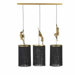 Maisons Du Monde Suspensions Suspension En Métal Doré Et 3 Abat-jours En Franges Noir Ornés De Sculptures De Singes D98