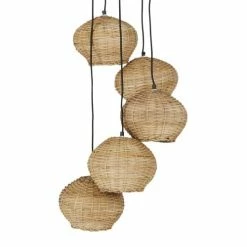 Maisons Du Monde Suspensions Suspension En Métal Noir 5 Abat-jour En Rotin Tressé Main